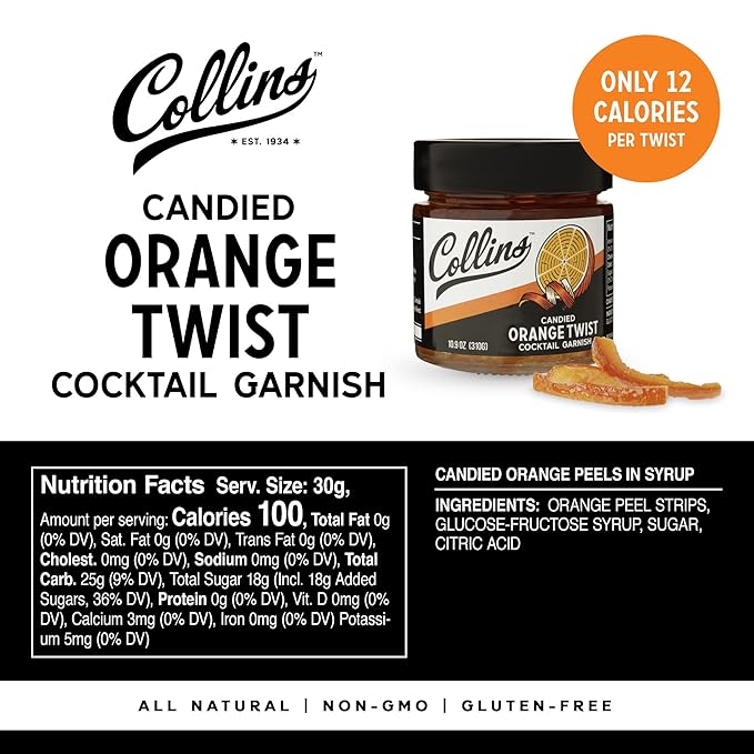 Collins Candied Fruit Orange Peel Twist in Syrup - Popular Cocktail Garnish for Skinny Margarita