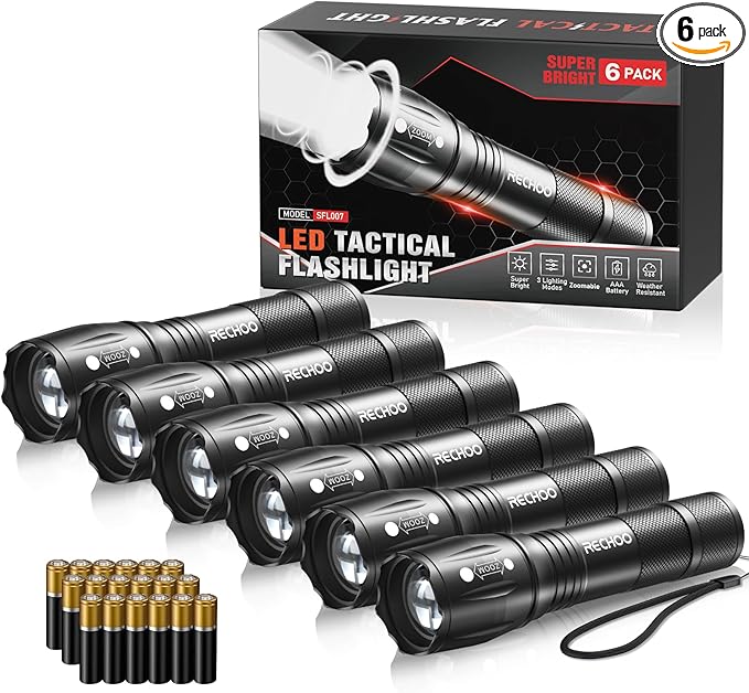 RECHOO LED Flashlight 6 Pack, Tactical Flashlights High Lumens with 3 Modes, Pocket Small Flash