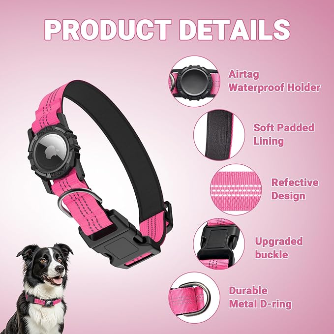AirTag Dog Collar and Leash, IP68 Waterproof Integrated with Reflective, Ultra-Durable, Comfortable