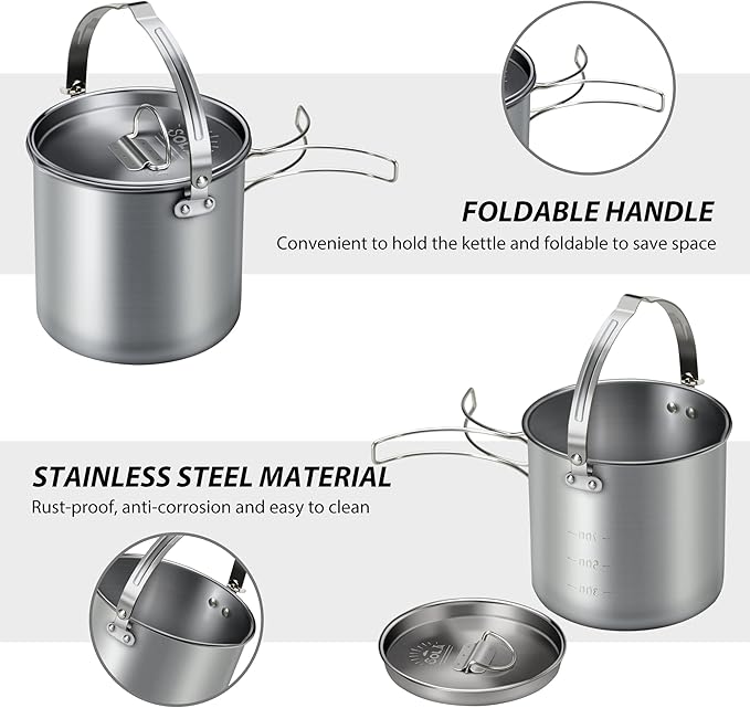Lixada 5PCS Camping Cookware Set Stainless Steel 1.2L Camping Pot with 2 Cups & 2 Bowls
