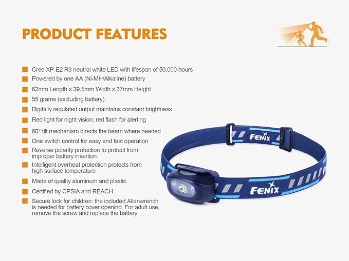 Fenix HL16 70 Lumen LED Headlamp for camping/hiking kids/children with EdisonBright AA Alkaline