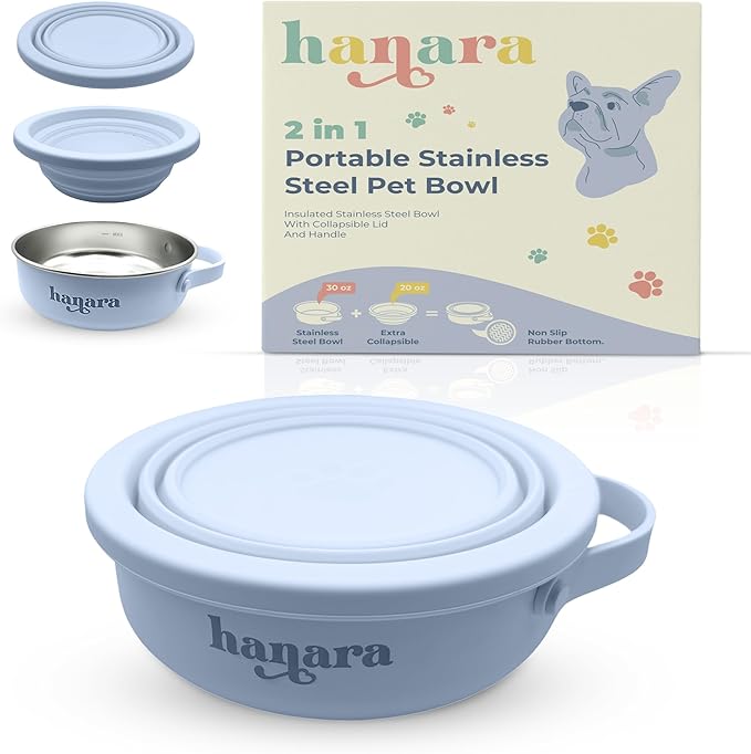 HANARA 2-in-1 Insulated Dog Bowl with Collapsible Lid & Handle ??Stainless Steel, Non-Slip Rubber