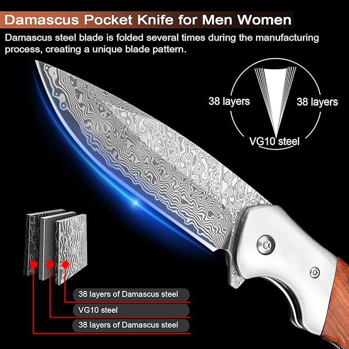 KOMWERO Damascus Pocket Knife, Sharp Damascus Steel Knife with Core VG10 Steel Blade Wood Handle