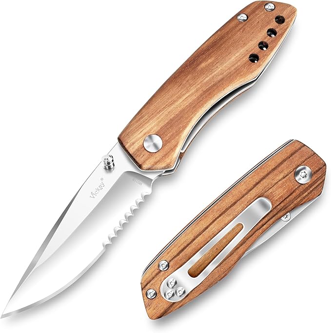 Vickay Folding Pocket Knife for Men & Women, 2.95" 8Cr13MoV Half-Serrated Steel Blade, Wood Hanlde