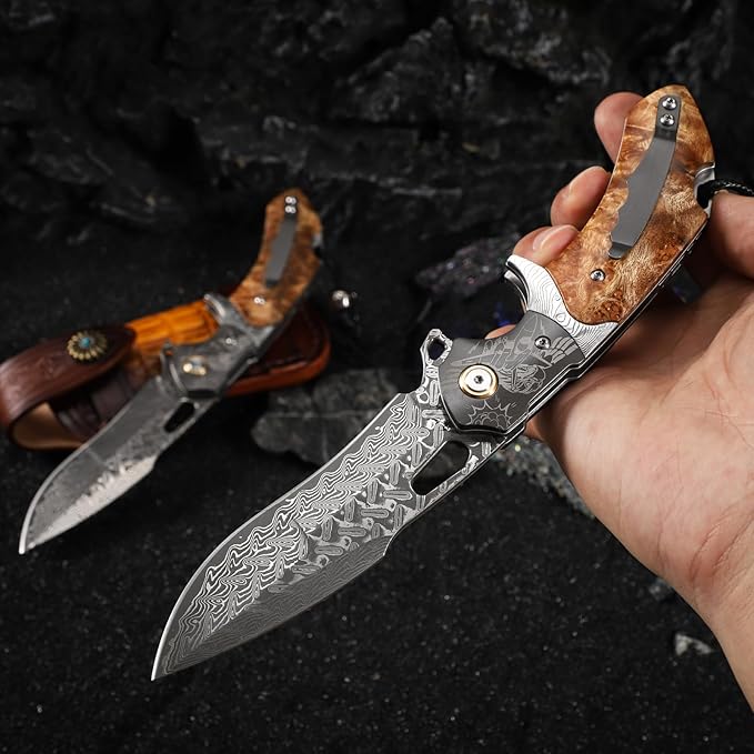 Damascus Steel Folding Pocket Knifeï¼?.6in Men's EDC knife，With leather sheath，pocket clip，Liner