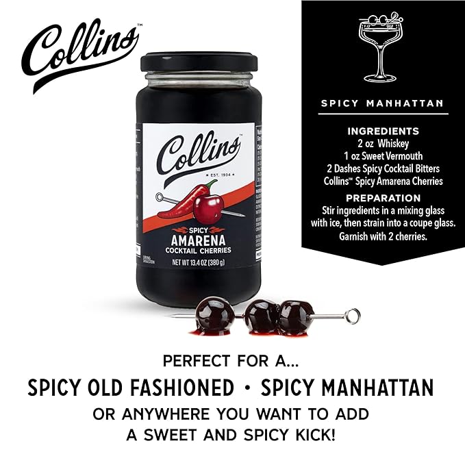 Collins Spicy Amarena Cherries in Syrup, Black Cherries for Old Fashioned or Manhattan, Cocktail