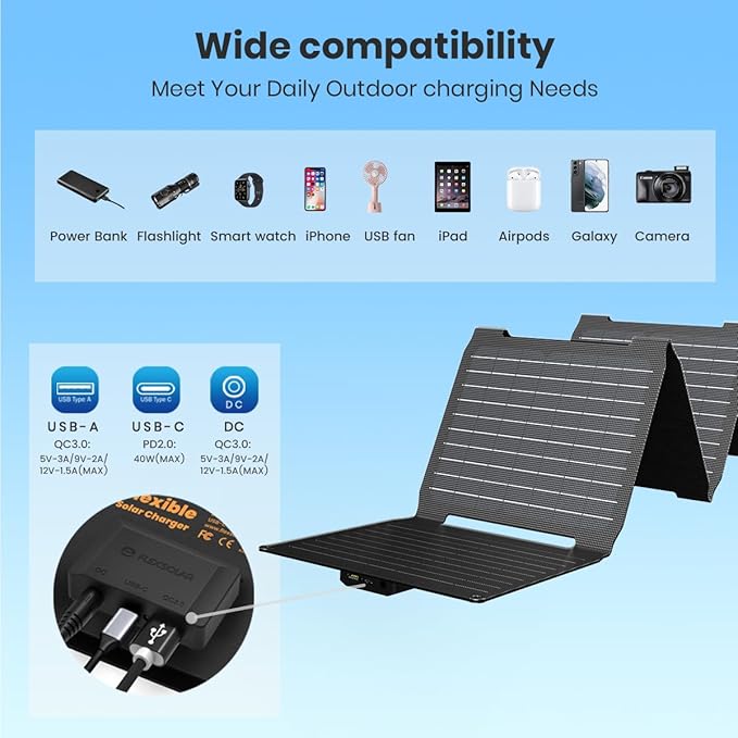 Upgraded FlexSolar 40W Portable Solar Panels Chargers with PD2.0 USB-C,QC3.0 USB-A and DC Outputs