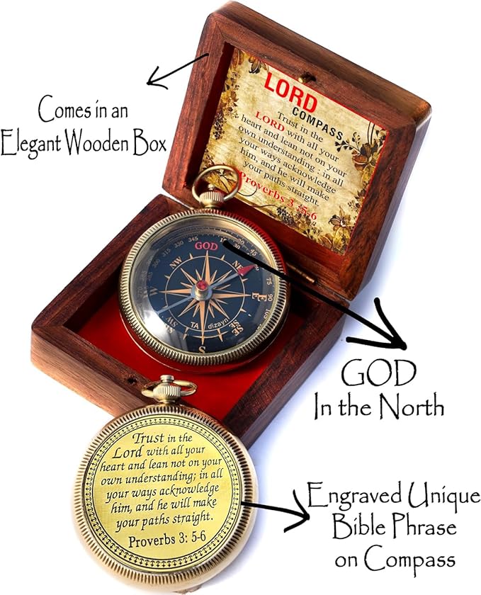 Trust in The Lord With All Your Heart - Proverbs 3:5-6 Quote Engraved Compass With Wooden Box
