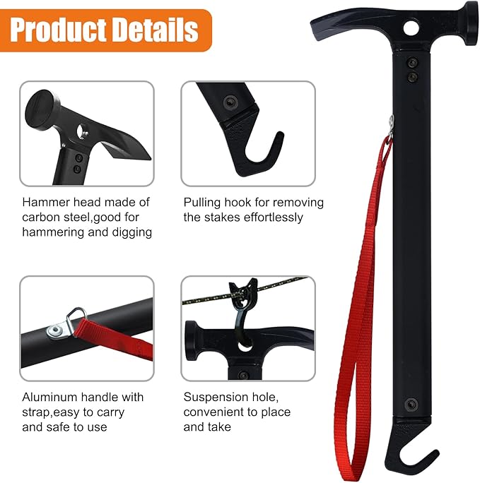 Eurmax USA Hiking Camping Tent Stakes and Hammer Set Lightweight Multi-Function Tent Hammer with