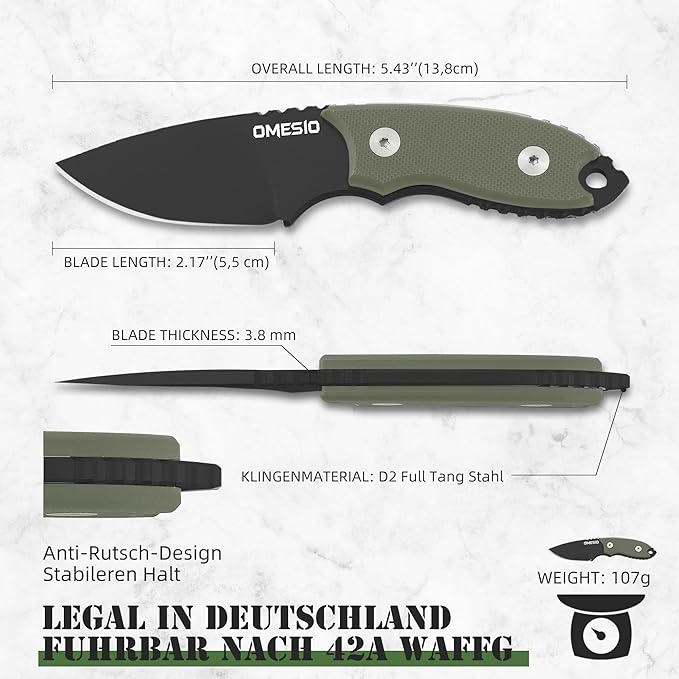 Omesio Neck Knife with Sheath and Necklace, 5.43" Small Fixed Blade Knife, Full Tang with Clip, D2