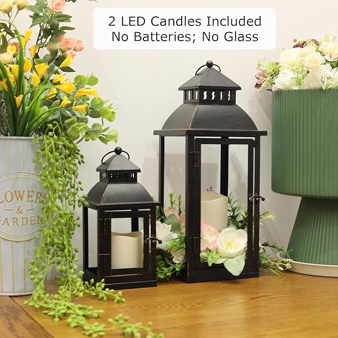 DECORKEY LED Lanterns Decorative Outdoor&Indoor, Set of 2 (17’’&11’’) Large Black Metal Lantern