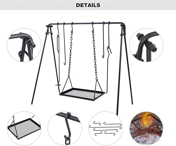 REDCAMP Swing Campfire Grill Stand - Collapsible Campfire Cooking Rack with 6 Hooks & Iron Grill