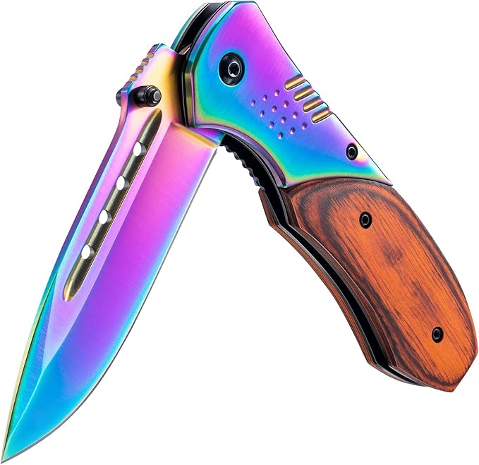 Pocket Knife for Men - 3.46" Sharp Blade Wood Handle Pocket Folding Knives with Clip, Glass Breaker