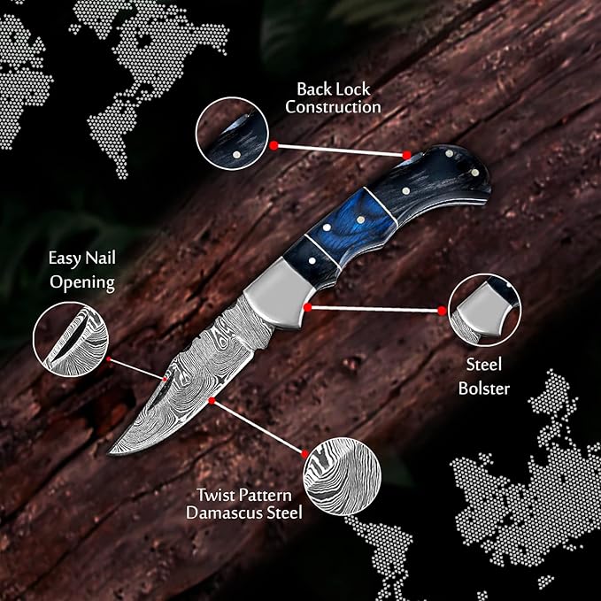 Set of 10 - Personalized Damascus Pocket Knife for Groomsmen -With Leather Sheaths - Custom