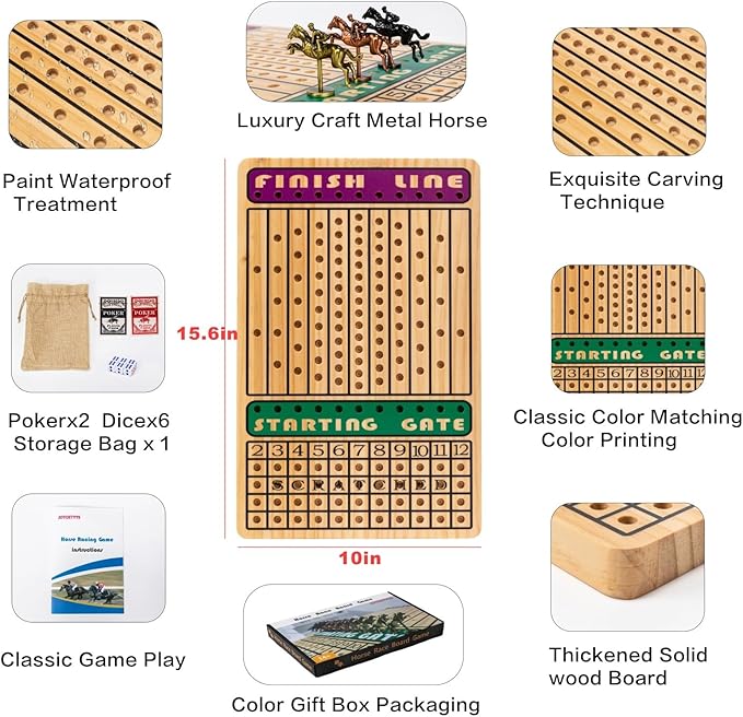 Horse Race Board Game, Horse Racing Game with 11 Luxury Metal Horses, 4 Dice, 2 Boxes of Cards, and
