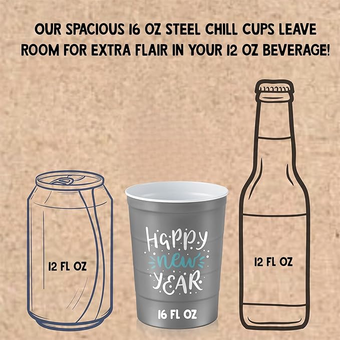 16 oz. Party Cups 'Happy New Year' Champagne Design for Cold Drinks, Durable, Disposable