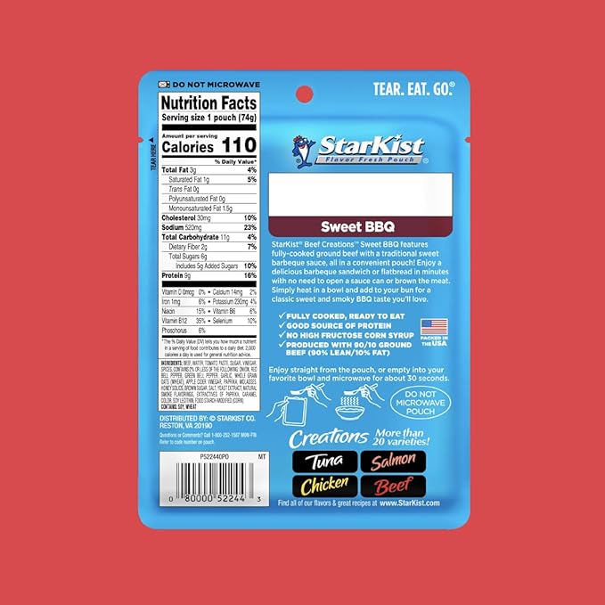 StarKist Beef Creations Sweet BBQ, 2.6 oz Pouch, 12 pack