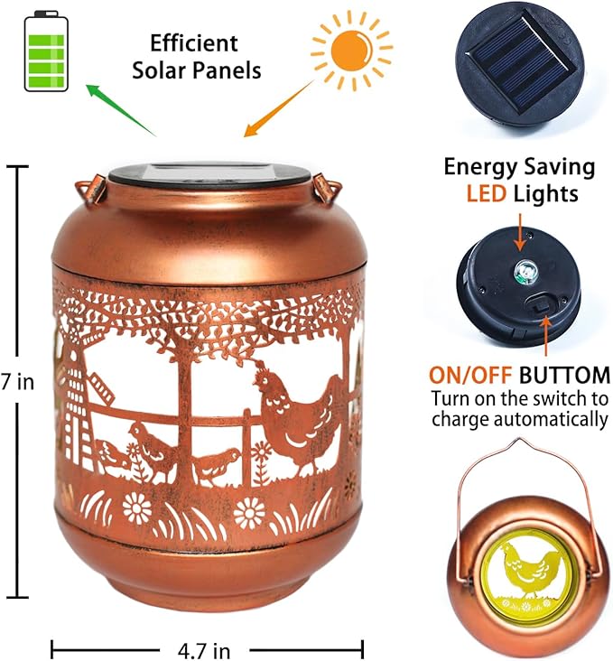 Chicken Solar Lanterns Outdoor Waterproof,Hanging Solar Lights Chicken Gifts for Women Men Metal