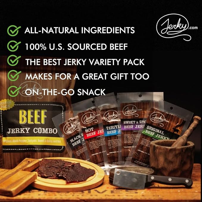 Jerky.com Beef Jerky Combo - Featuring Flavors Hot, Teriyaki, Original, Sweet & Spicy, Black Pepper