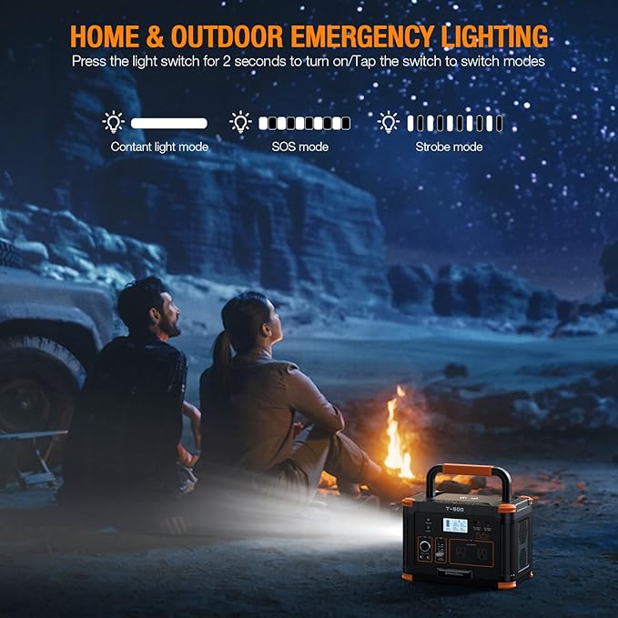 Portable Power Station 500W(Peak 1000W), 519Wh Outdoor Solar Generator Backup Battery Pack with 2