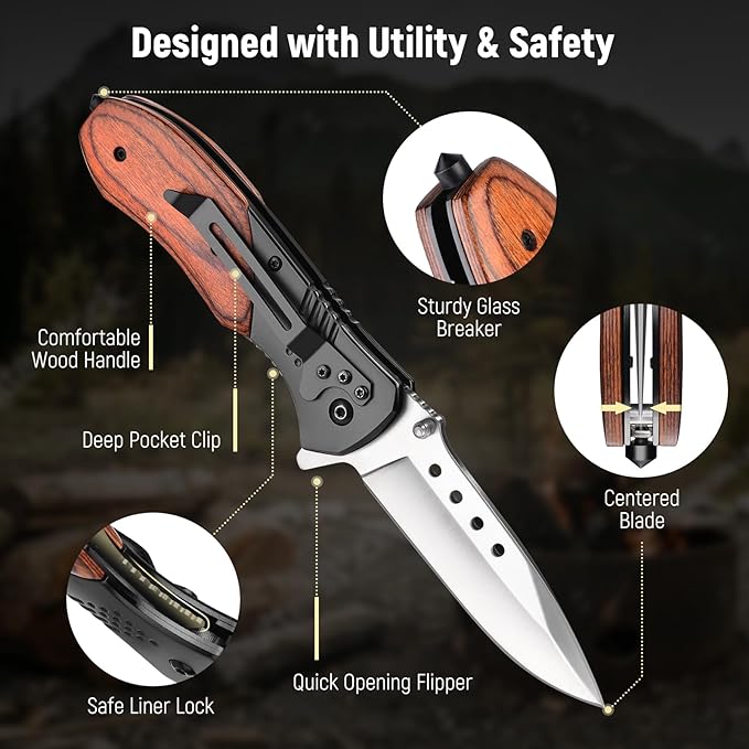 Pocket Knife for Men - 3.46" Sharp Blade Wood Handle Pocket Folding Knives with Clip, Glass Breaker