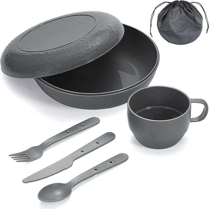 Berglander Camping Mess Kit with Bowl, Plate, Cup, Spoon, Fork, Knife and Carry Bag, Plastic