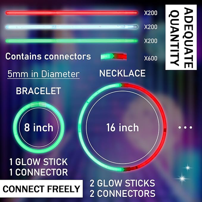 Hanaive 300 Pcs Glow Sticks Bulk 8 Inch Glow in The Dark Party Favors Neon Bracelets and Necklaces