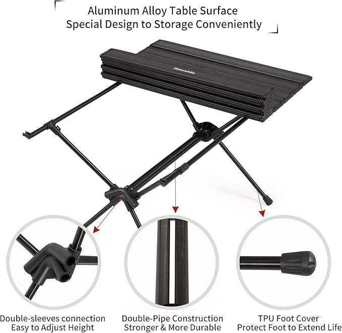 Naturehike FT11 Height Adjustable Camping Table, Ultralight Aluminum Roll Up Table with Carry Bag