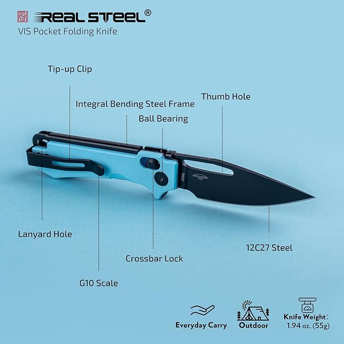 REALSTEEL VIS Pocket Knife, Folding Knife, Crossbar Lock, 2.72" Small 12C27 Steel PVD Black Blade