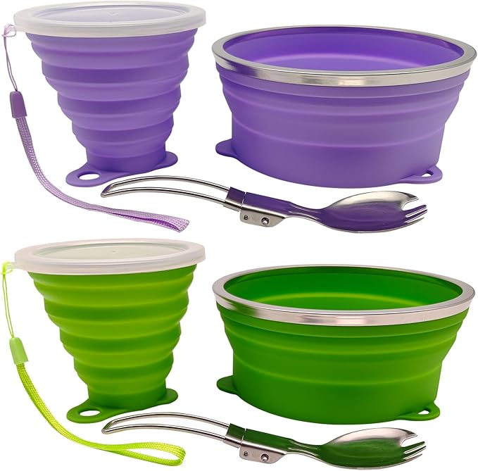 Mess Kit for Camping Silicone Collapsible Bowl Collapsible Cup and Stainless Steel Spoon for