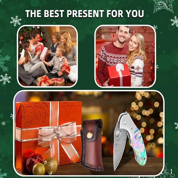 Cottonbell Damascus Pocket Knife Folding Knife for Men Women Unique Rainbow Abalone Shell Handle