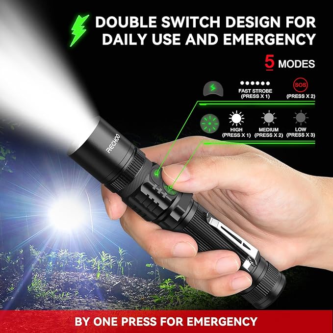 Rechargeable Flashlights 2 Pack, RECHOO High Lumens LED Tactical Flashlight with Double Switch