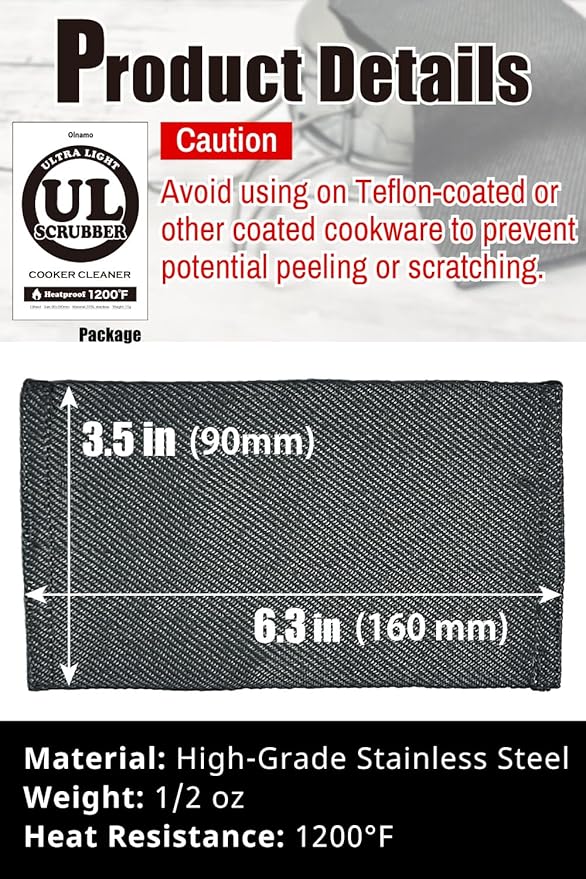 Ultralight 1/2oz Scrubber 316L Stainless Steel Cloth Heat Resistant 1200℉ Ultra-Durability