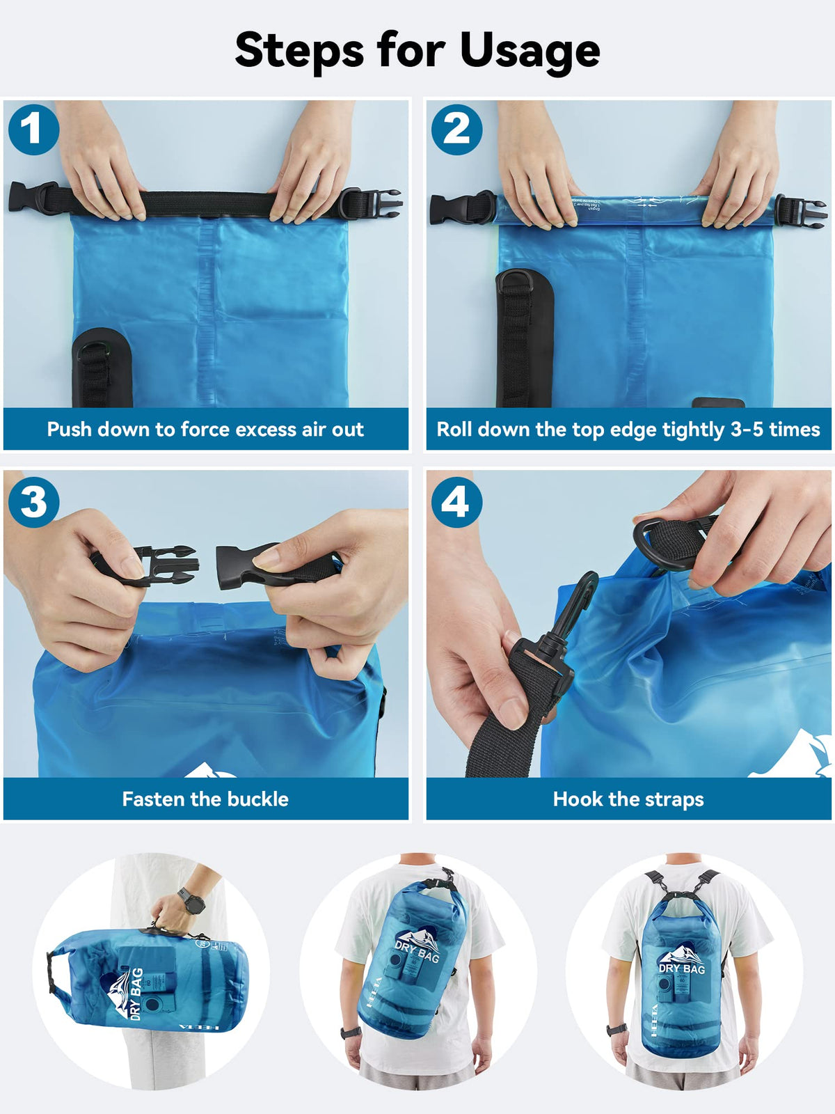 HEETA Dry Bag Waterproof Backpack with Phone Case (Transparent Blue, 10L)