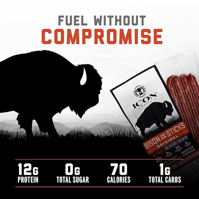 ICON Meats Bison and Pork Snack Sticks - Original Flavor – 6 Packs Per Box, 4 Sticks Per Pack, All