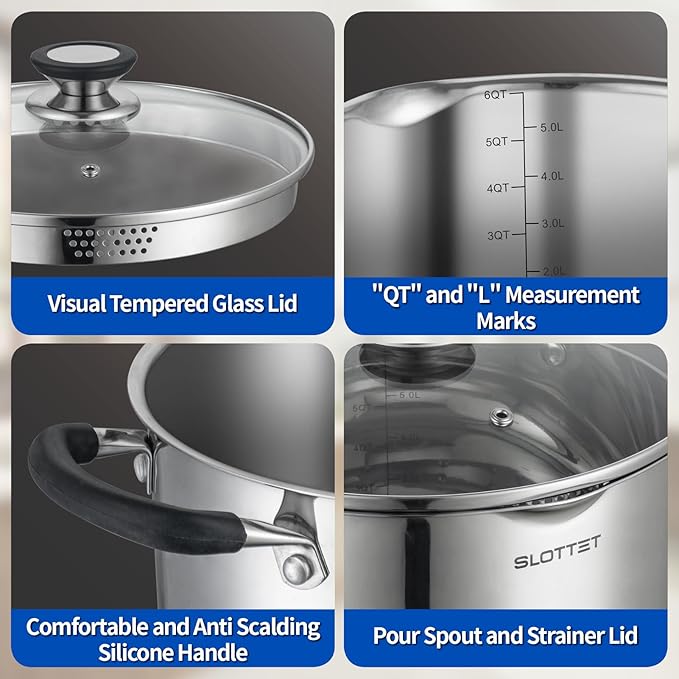 6 Quart Stainless Steel Stock Pot with Strainer Glass Lid,6 Qt Soup Pot Multipurpose Stockpot with