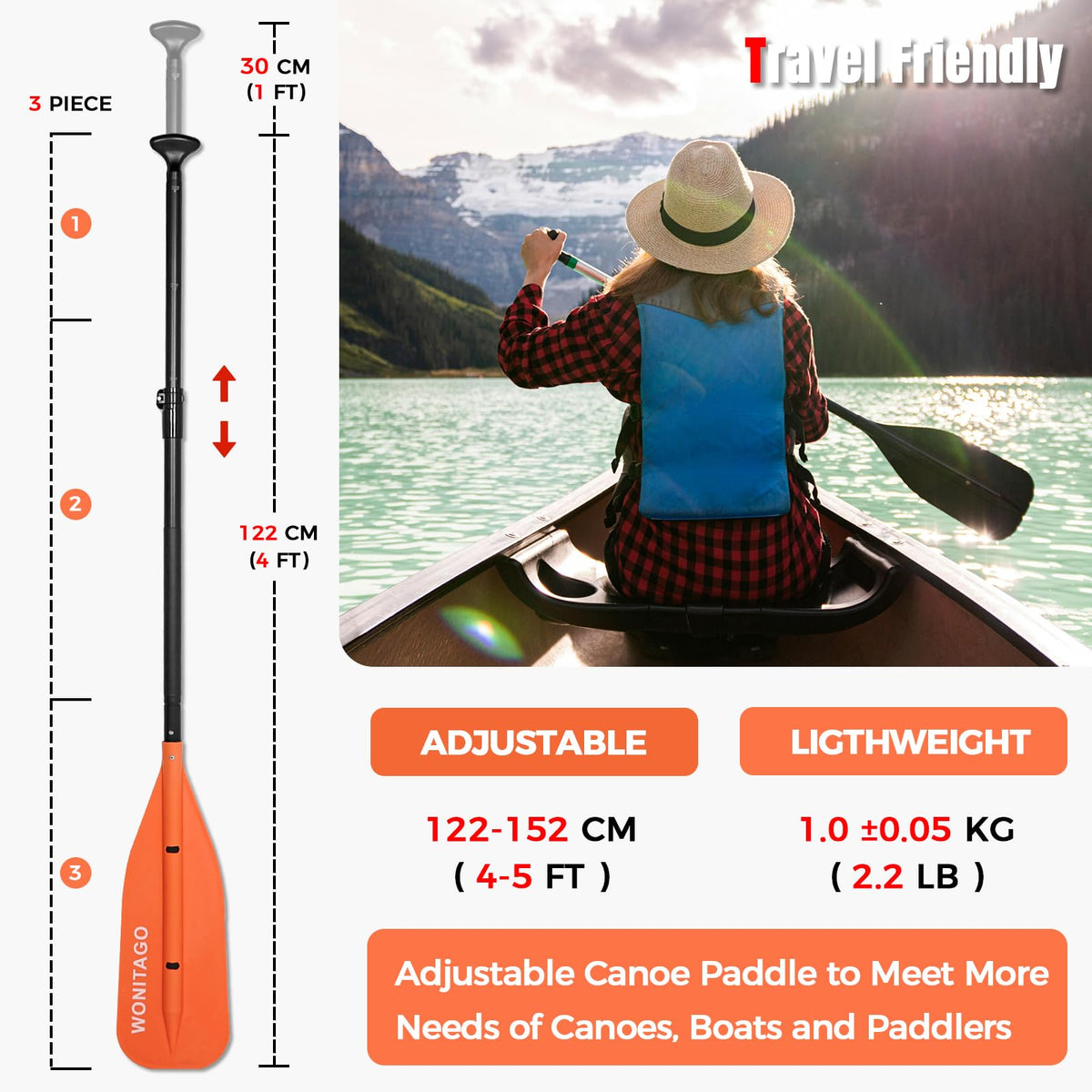 WONITAGO Canoe Paddle - 5 FT, Adjustable, Collapsible - product view 2