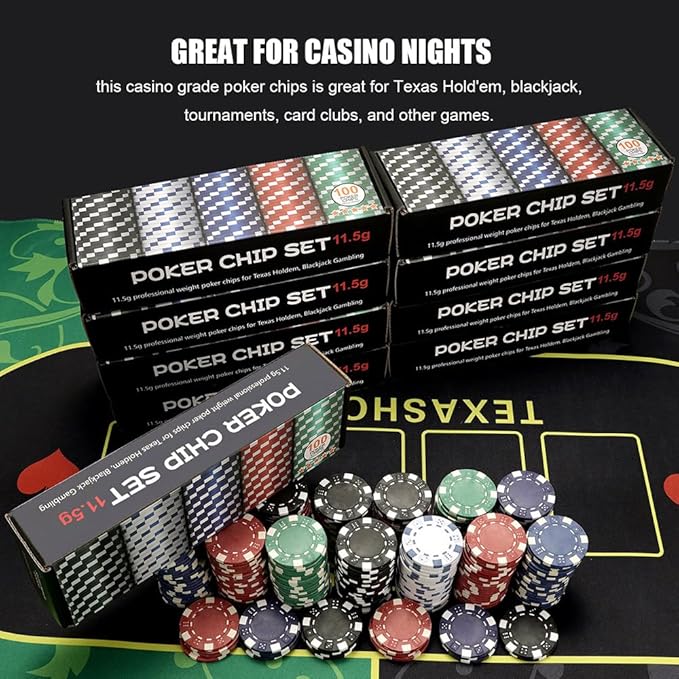 Casino Poker Chip Set - 100 Clay Poker Chips, 11.5g, Gift Box - Blackjack, Texas Holdem