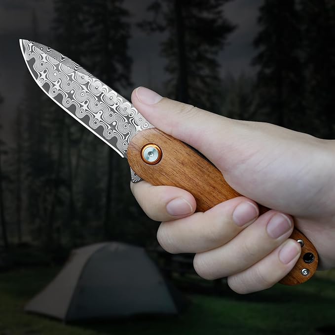 Damascus Pocket Knife, 2.95" Damascus Steel Blade Pocket Knives & Folding Knives, Wooden Handles