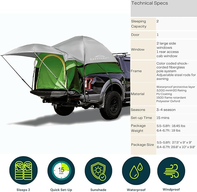 Savvycraft Pickup Truck Tent for Full Size and Mid Size Truck Short Bed and Long Bed, Waterproof