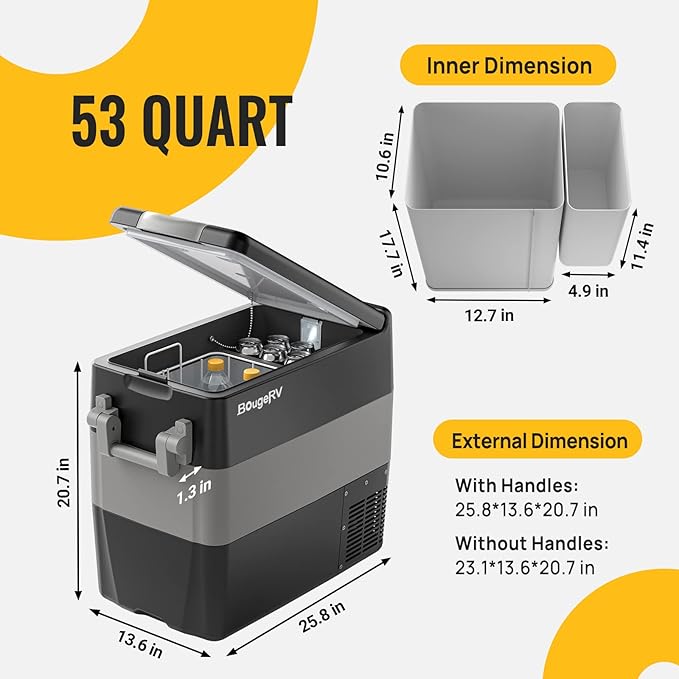 BougeRV 12V Portable Refrigerator 53 Quart Car Freezer Fridge Electric Cooler12V/24V DC 110~240Volt