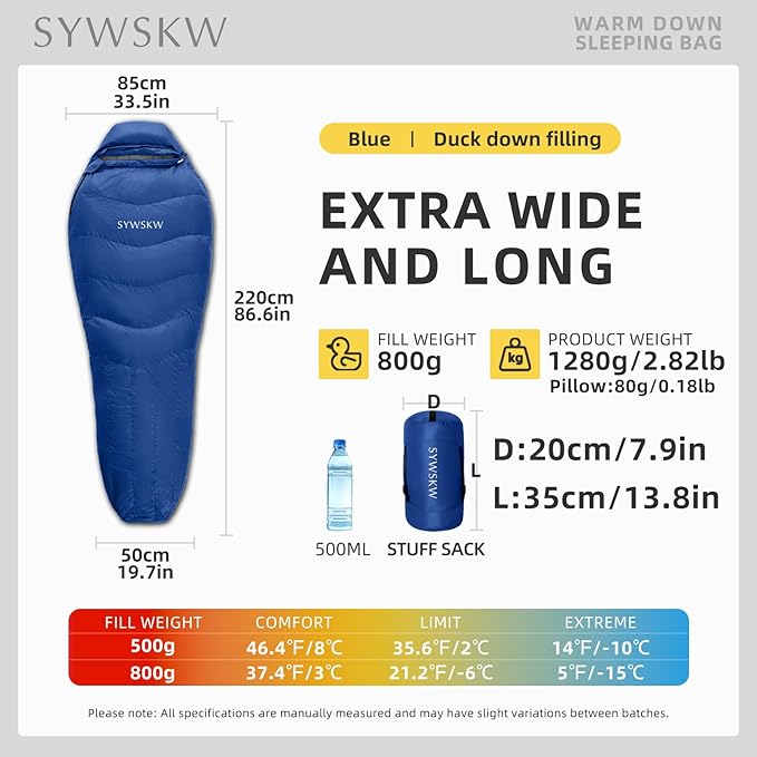 Down Sleeping Bag with Pillow, Lightweight Wide Sleeping Bag (86.6 in x 33.5 in) for Adults