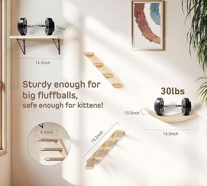 Wall Mounted Cat Shelves Stairs Set, 4 Piece Wood Cats Wall Furniture with Sisal Cat Window Perch