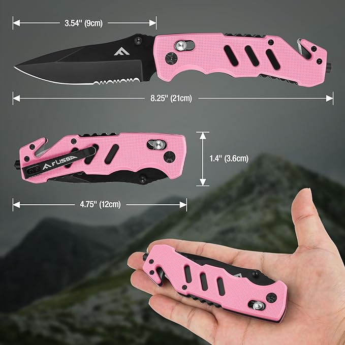FLISSA Folding Pocket Knife with Clip, Glass Breaker and Seatbelt Cutter, Survival Knife for