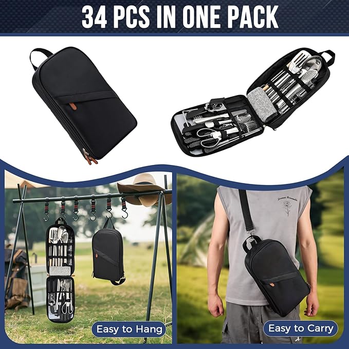 Portable Camping Kitchen Utensil 34 Pcs Set- Cookware Kit, Stainless Steel Outdoor Cooking and