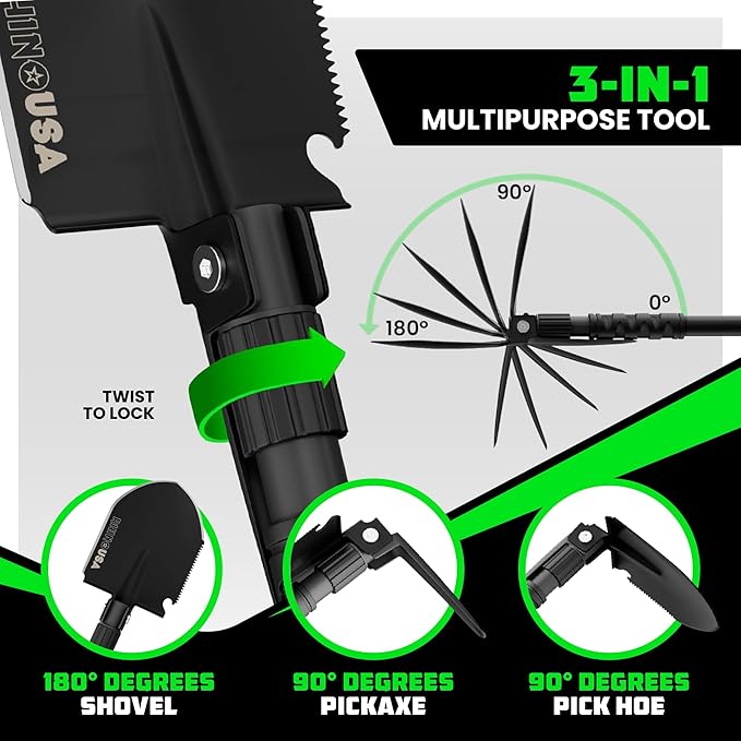 Rhino USA Survival Shovel w/Pick - Heavy Duty Carbon Steel Military Style Entrenching Tool for Off