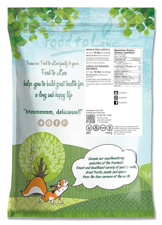 Food to Live Whole Red Lentils, 10 Pounds ??Dry Raw Beans, Sproutable, Vegan, Kosher, Bulk. Easy to