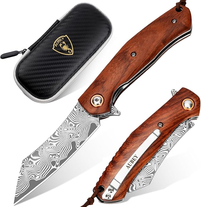 AUBEY Pocket Knife for EDC, 3.15" VG10 Core Damascus Steel Blade Folding Knife with Wood Handle