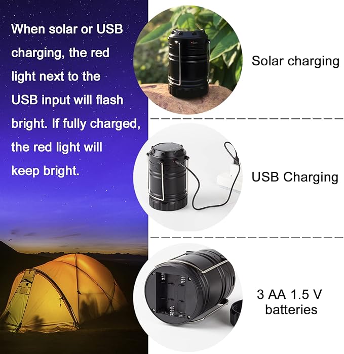 4 Pack Solar Lantern Camping Essentials Lights, LED USB Rechargeable Flashlight for Power Outages