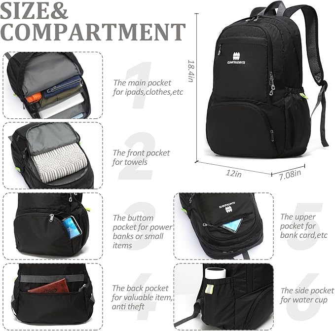 Lightweight Packable Travel Backpack, 30L Black Daypack Hiking Backpack for Women Men, Waterproof